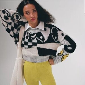 UO Urban Outfitters Lennon Jacquard Cropped Black and White Patterned Sweater L
